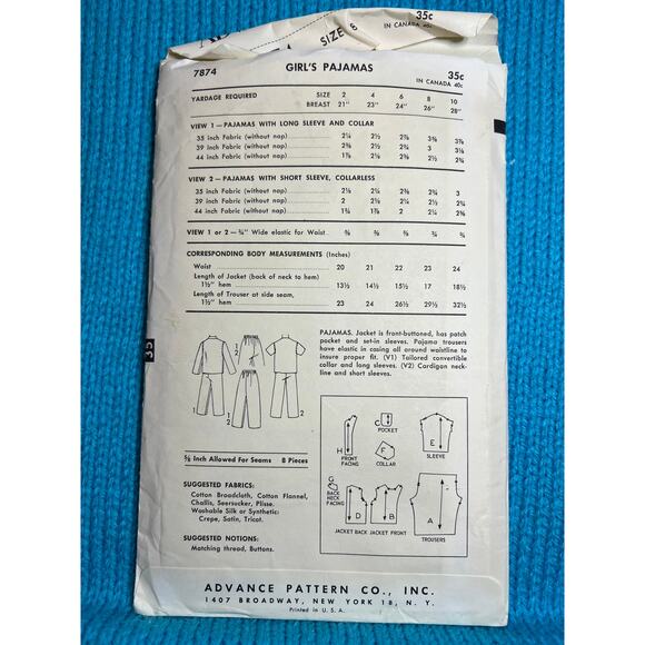 Advance 7874 pattern kids pajama top pants 1950s size 8 - Picture 3 of 6
